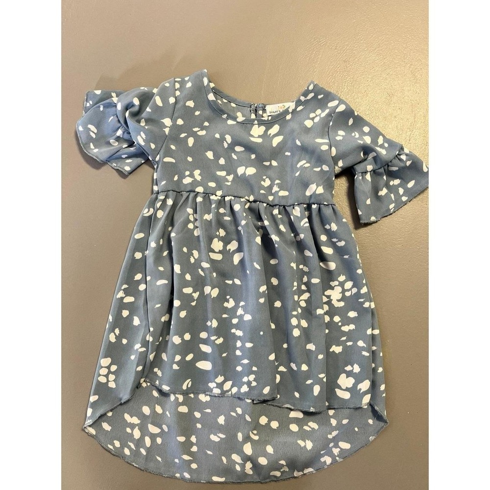 Baileys Blossoms Kids Blue White Abstract Print High Low Bell Sleeve Dress